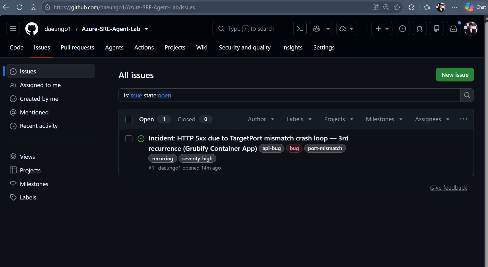 GitHub 저장소의 Issues 목록 화면입니다. 열린 이슈 1건으로 'Incident: HTTP 5xx due to TargetPort mismatch crash loop — 3rd recurrence (Grubify Container App)' 제목에 api-bug, bug, port-mismatch, recurring, severity-high 라벨이 붙어 있습니다.